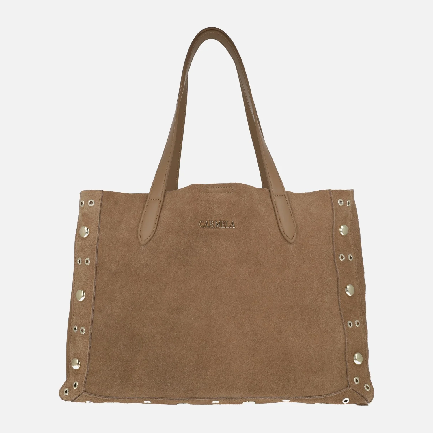 Bolsos de serraje estilo shopping en camel con remaches dorados