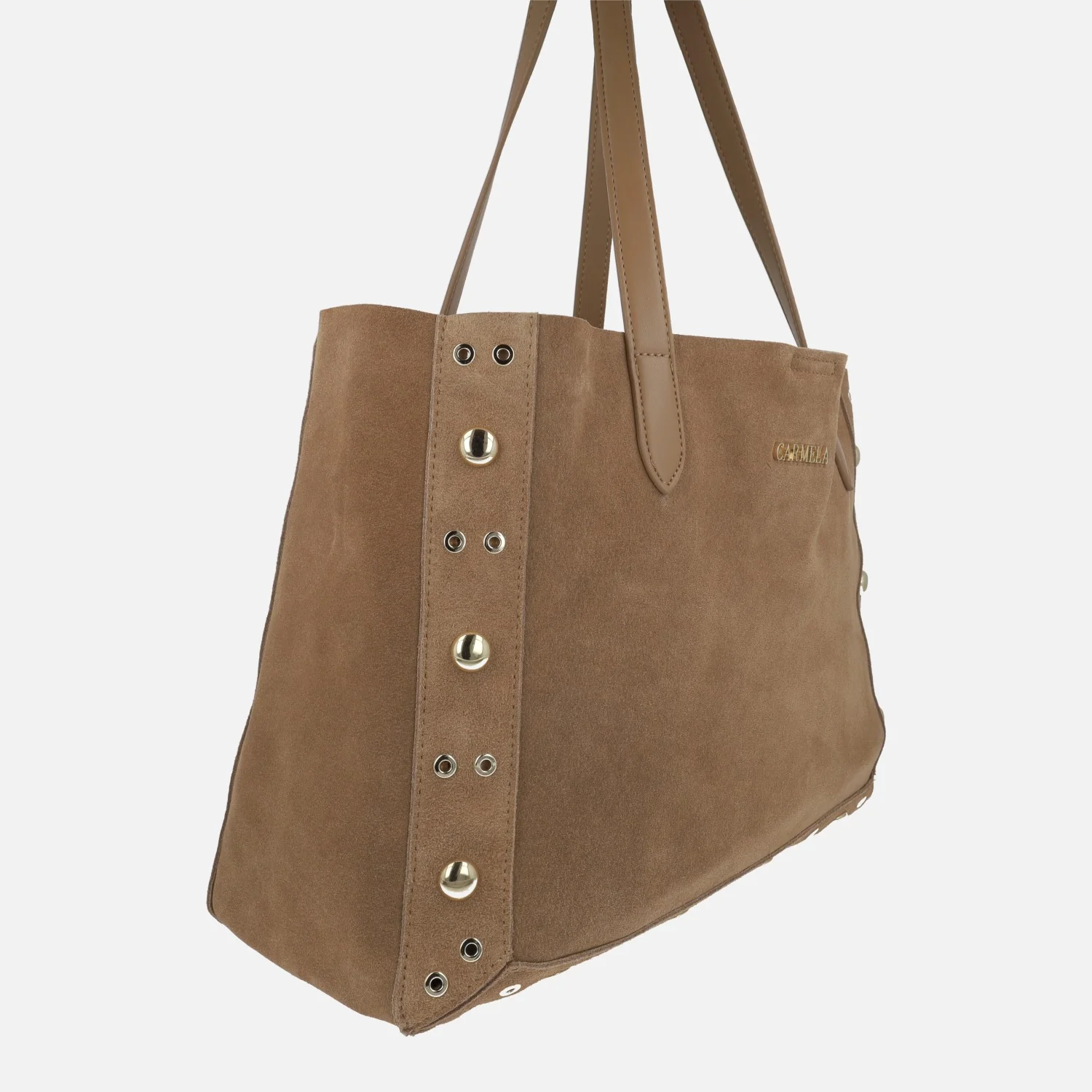 Bolsos de serraje estilo shopping en camel con remaches dorados - Image 3