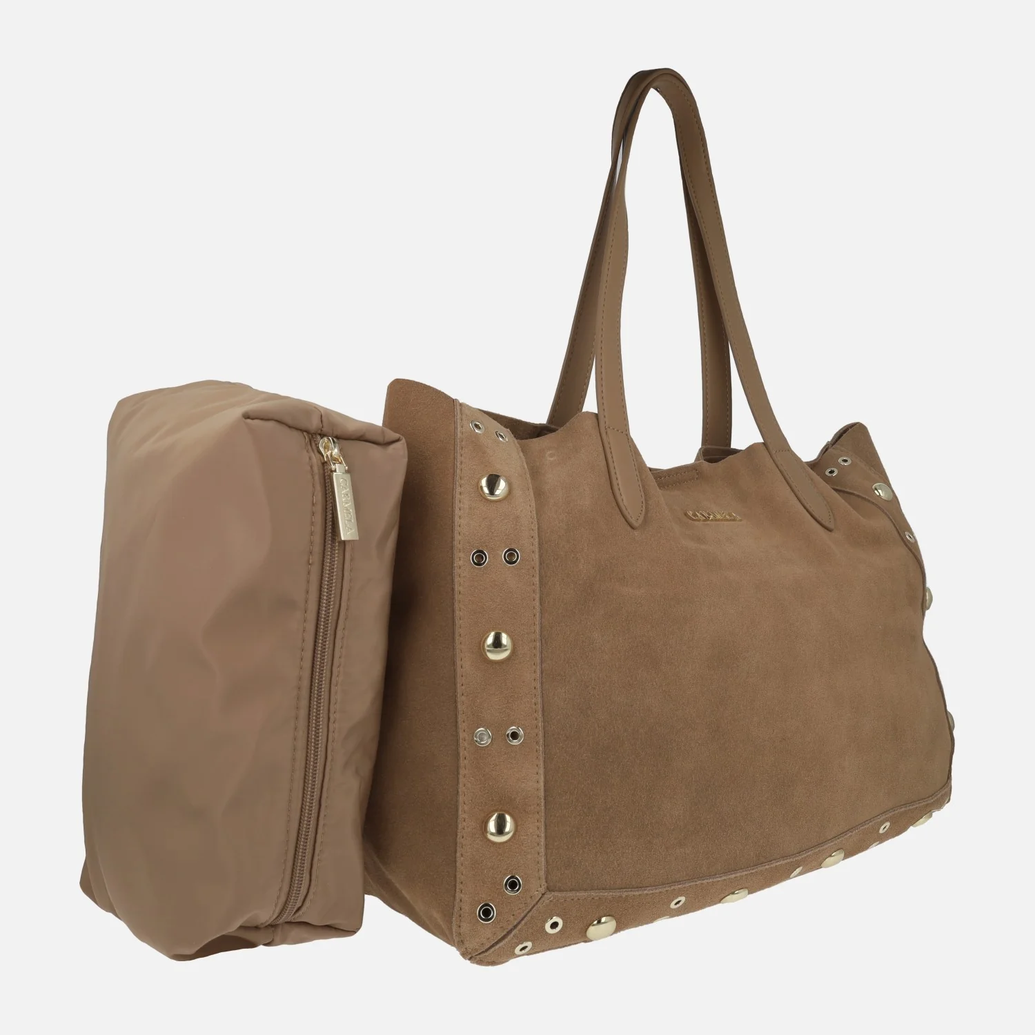 Bolsos de serraje estilo shopping en camel con remaches dorados - Image 4
