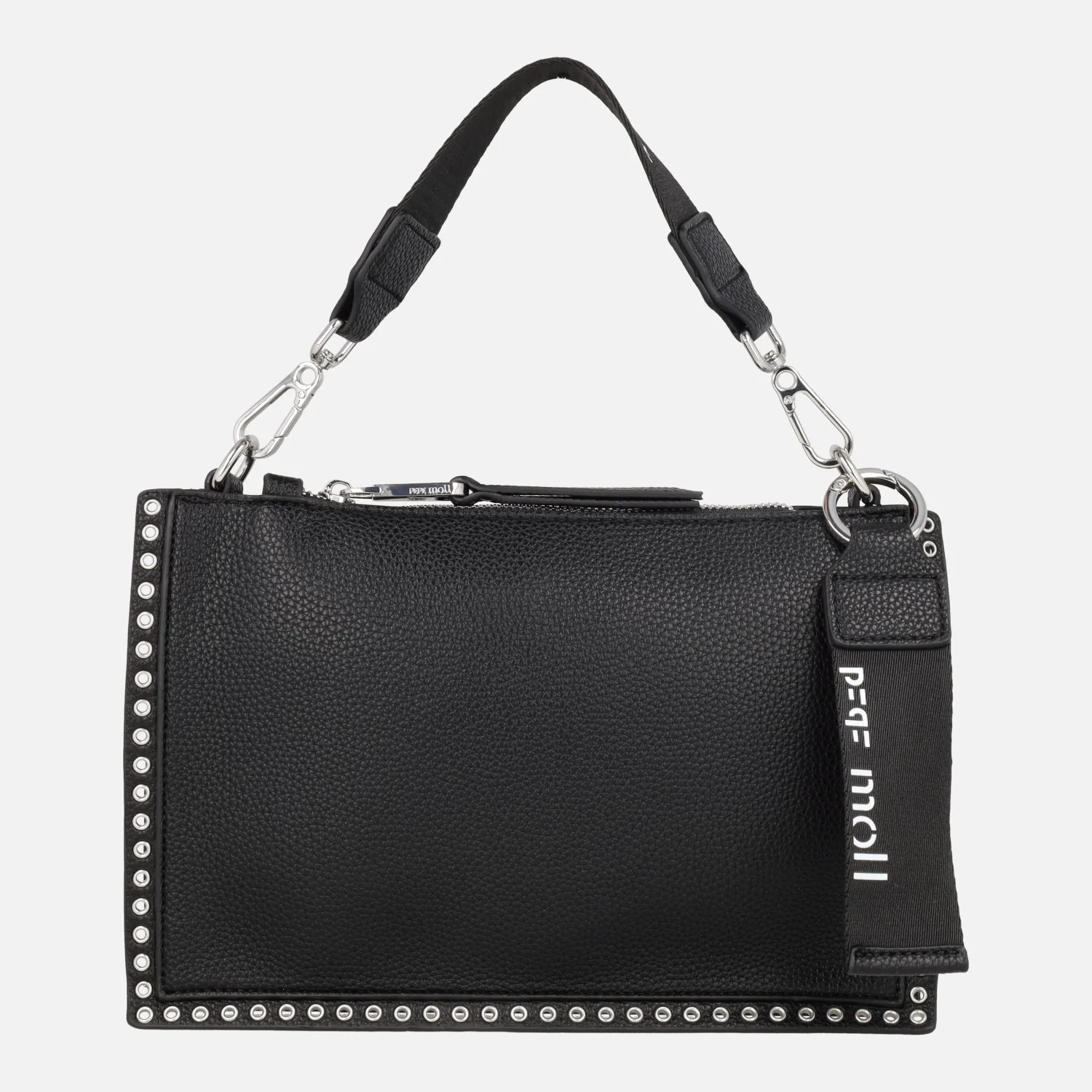 Bolsos en negro con detalle de remaches plateados y doble asa