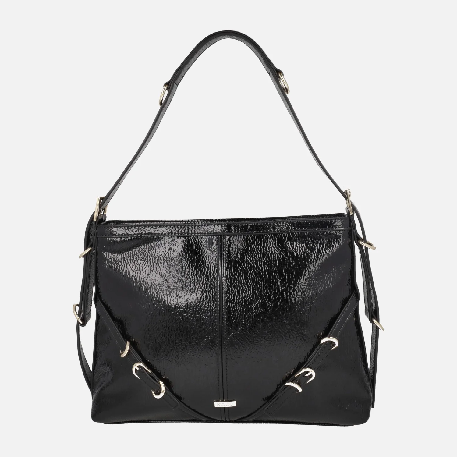 Bolsos para hombro en charol negro con detalle de hebillas