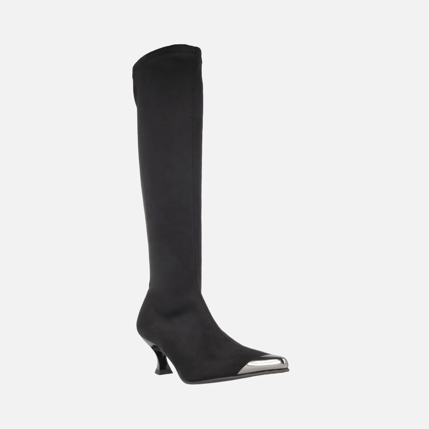 Botas altas de tacón en tejido elástico imitando ante con adorno metálico en la punta - Image 2