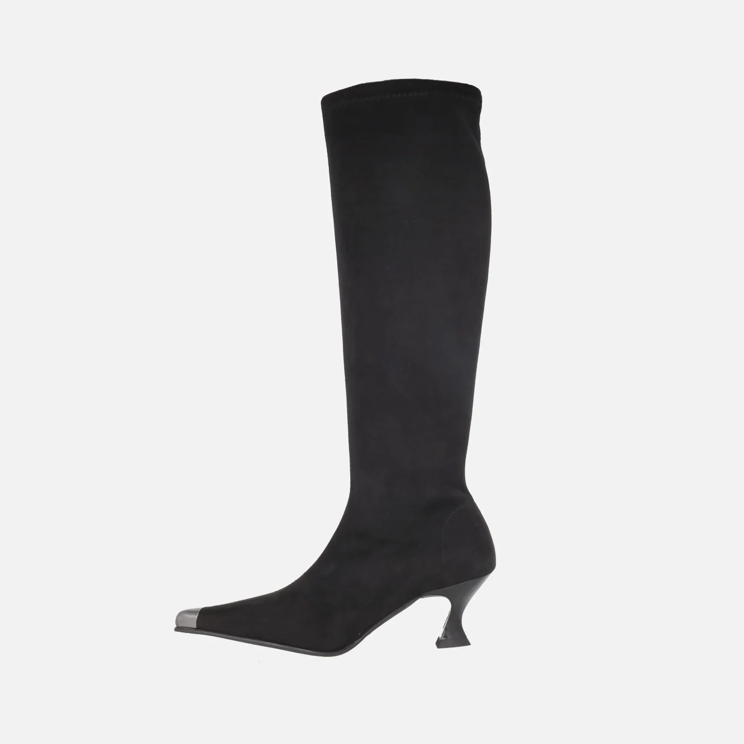 Botas altas de tacón en tejido elástico imitando ante con adorno metálico en la punta - Image 3