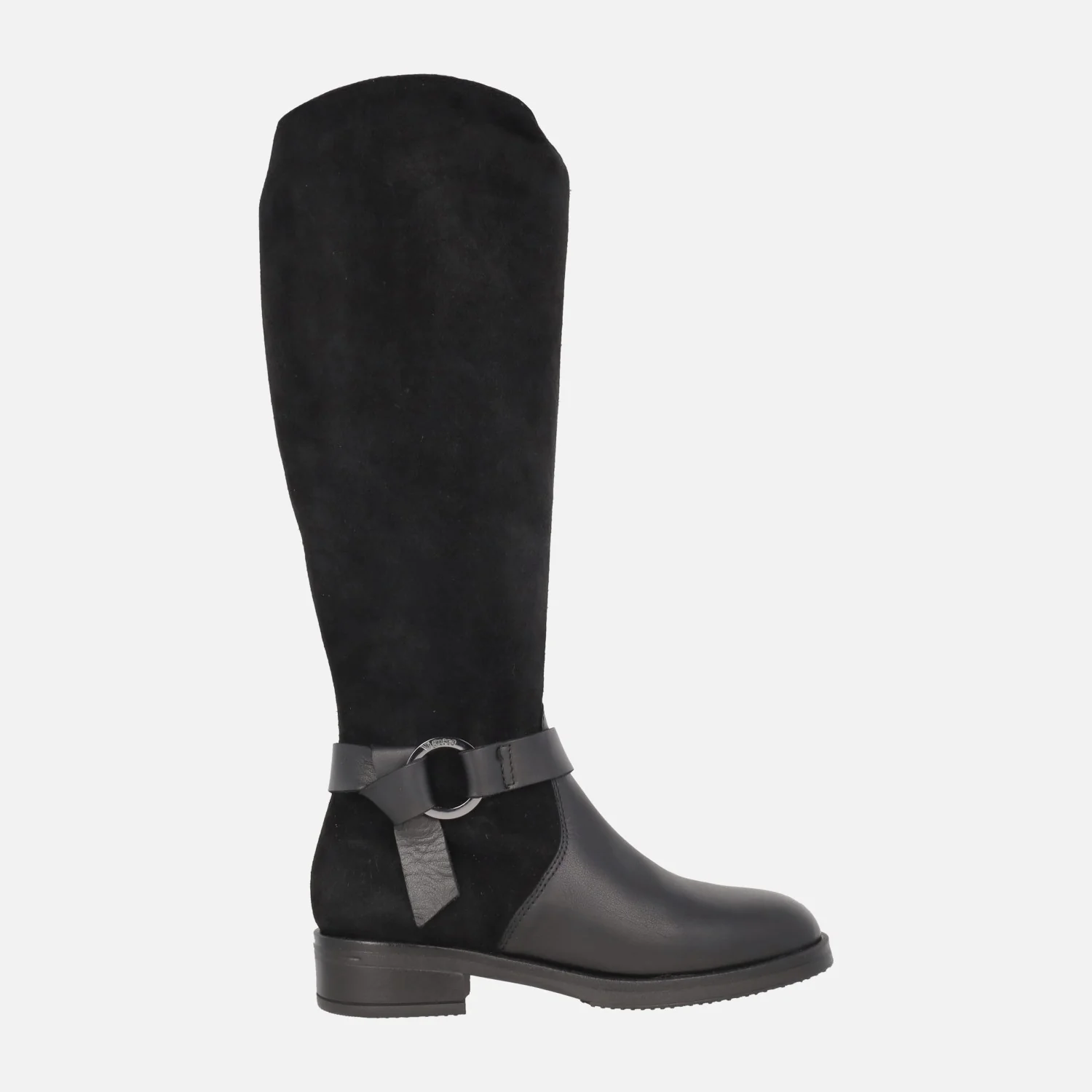 Botas altas en combinado de piel y ante con adorno metálico
