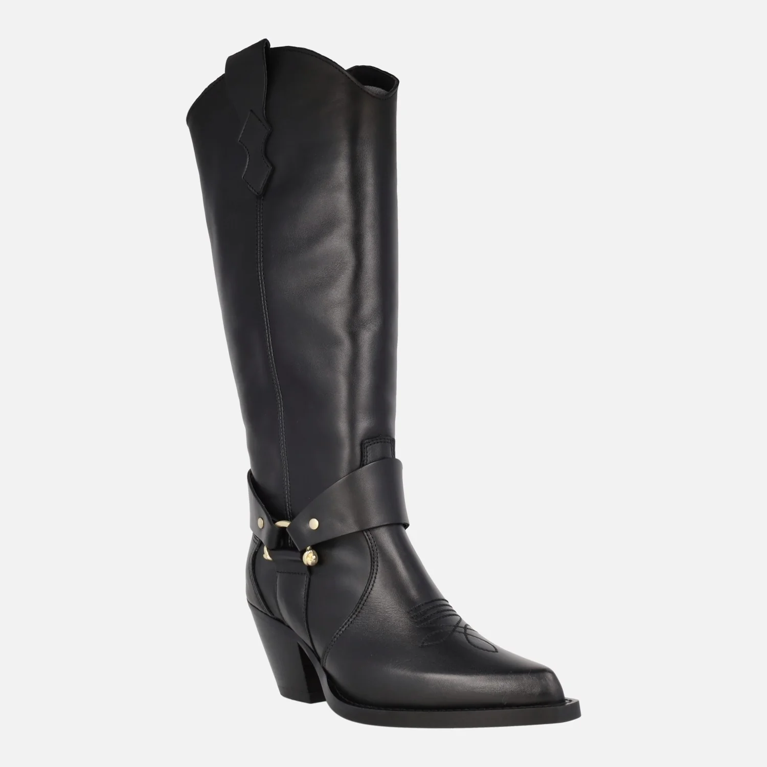 Botas altas estilo cowboy en piel negra con adorno dorado Vendome - Image 2