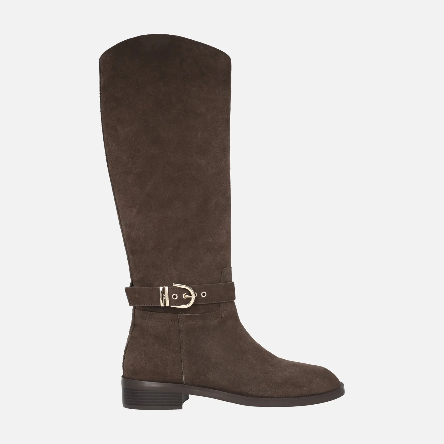 Botas altas Valeria en serraje marrón con adorno de tira y hebilla