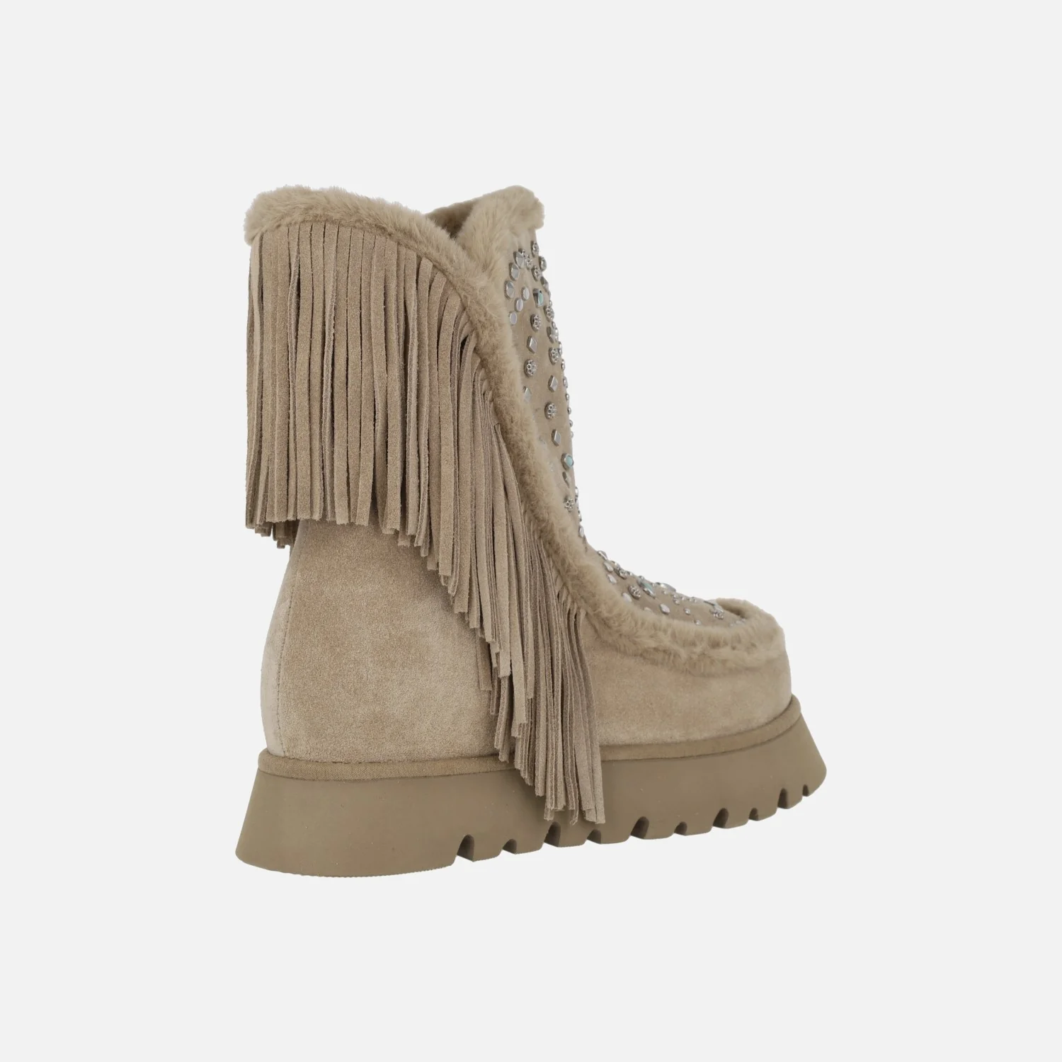 Botas joya en serraje beige con tachas y flecos - Image 4