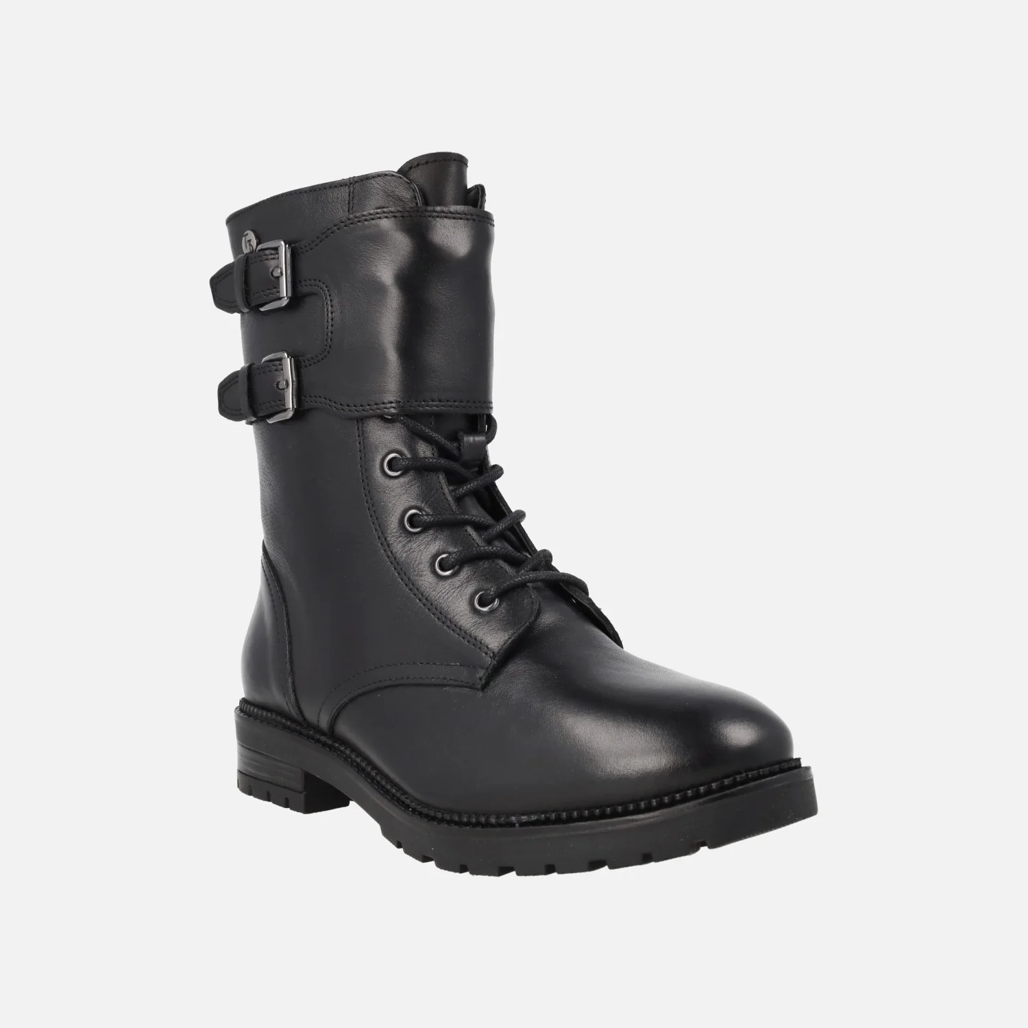 Botines de cordones estilo militar en piel negra con hebillas - Image 2