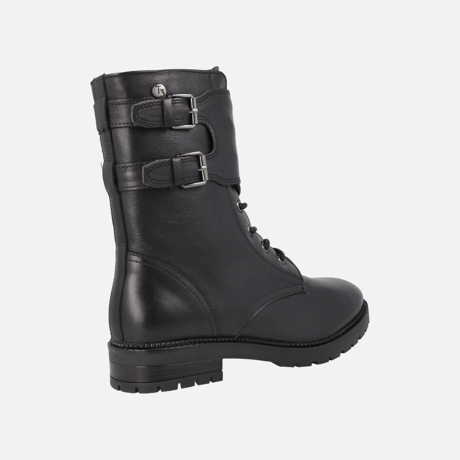 Botines de cordones estilo militar en piel negra con hebillas - Image 3