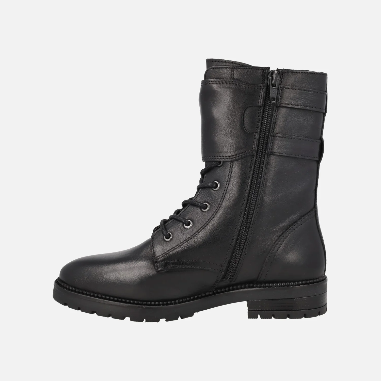 Botines de cordones estilo militar en piel negra con hebillas - Image 4