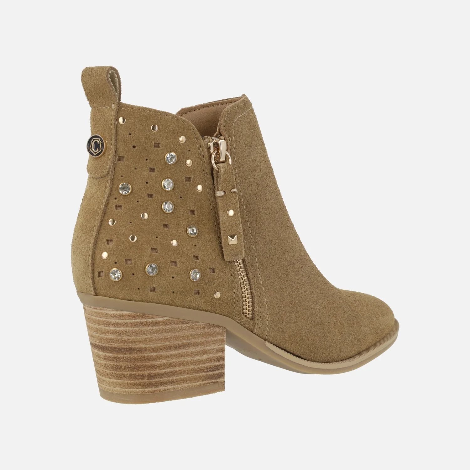 Botines de serraje camel con doble cremallera y fantasía en la talonera - Image 4