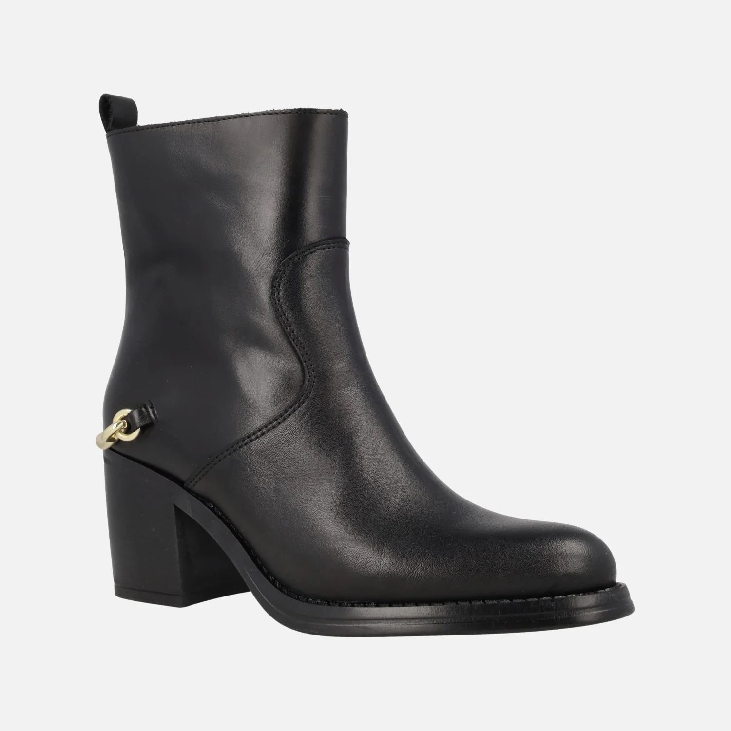 Botines de tacón en piel negra Leyna con adorno dorado en el talón - Image 2