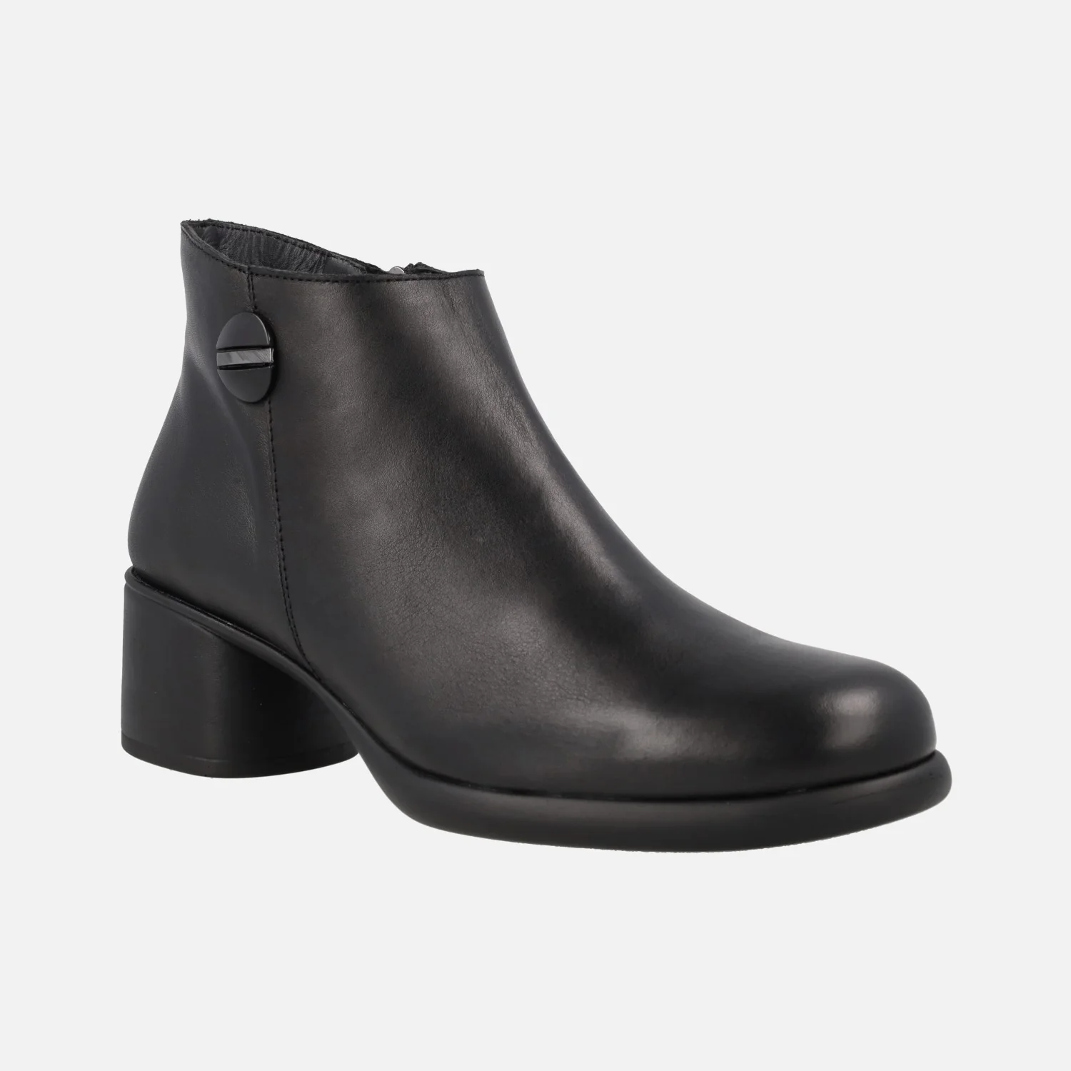 Botines negros de piel con adorno circular y tacón bajo - Image 2