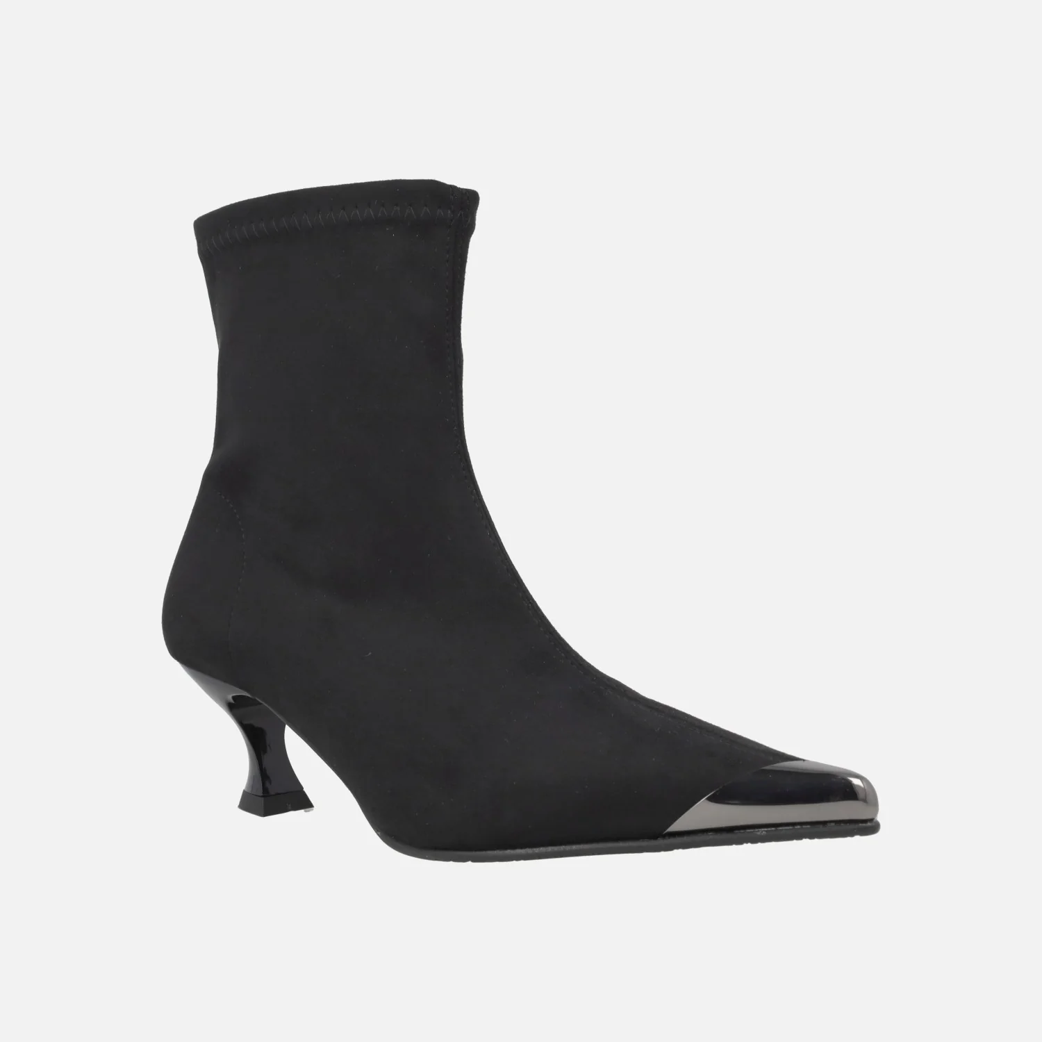 Botines negros de tacón en tejido elástico efecto ante con adorno metálico en la punta - Image 2