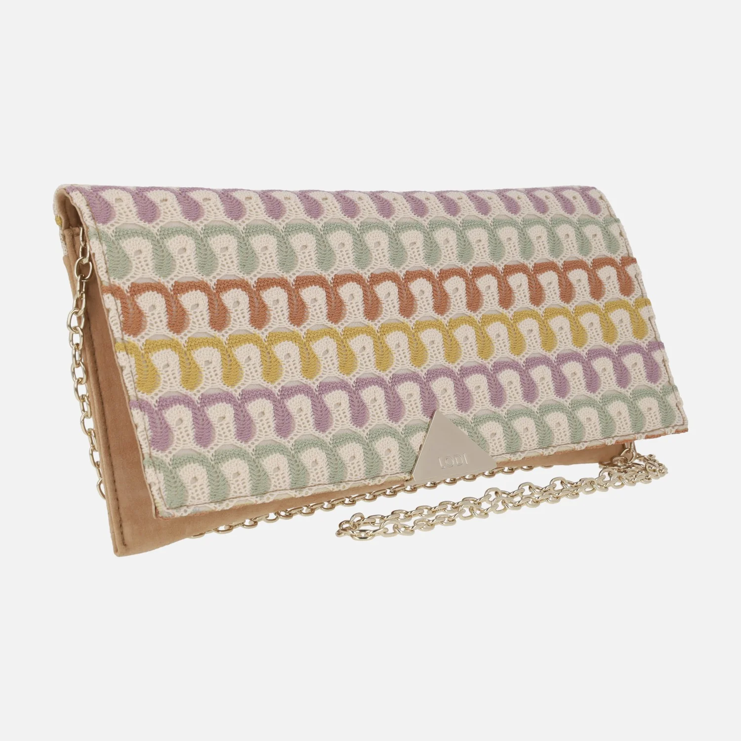 Carteras Lodi en ante camel con tapa en tejido crochet - Image 2
