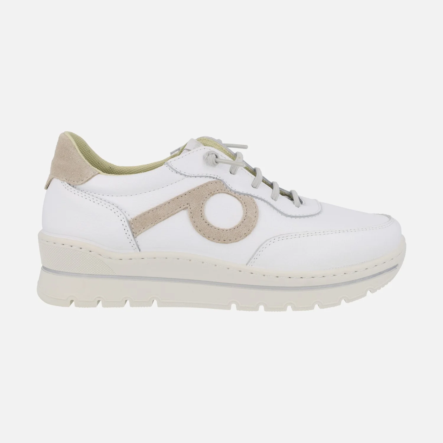 Deportivas blancas de piel con detalles beige y cordones elásticos