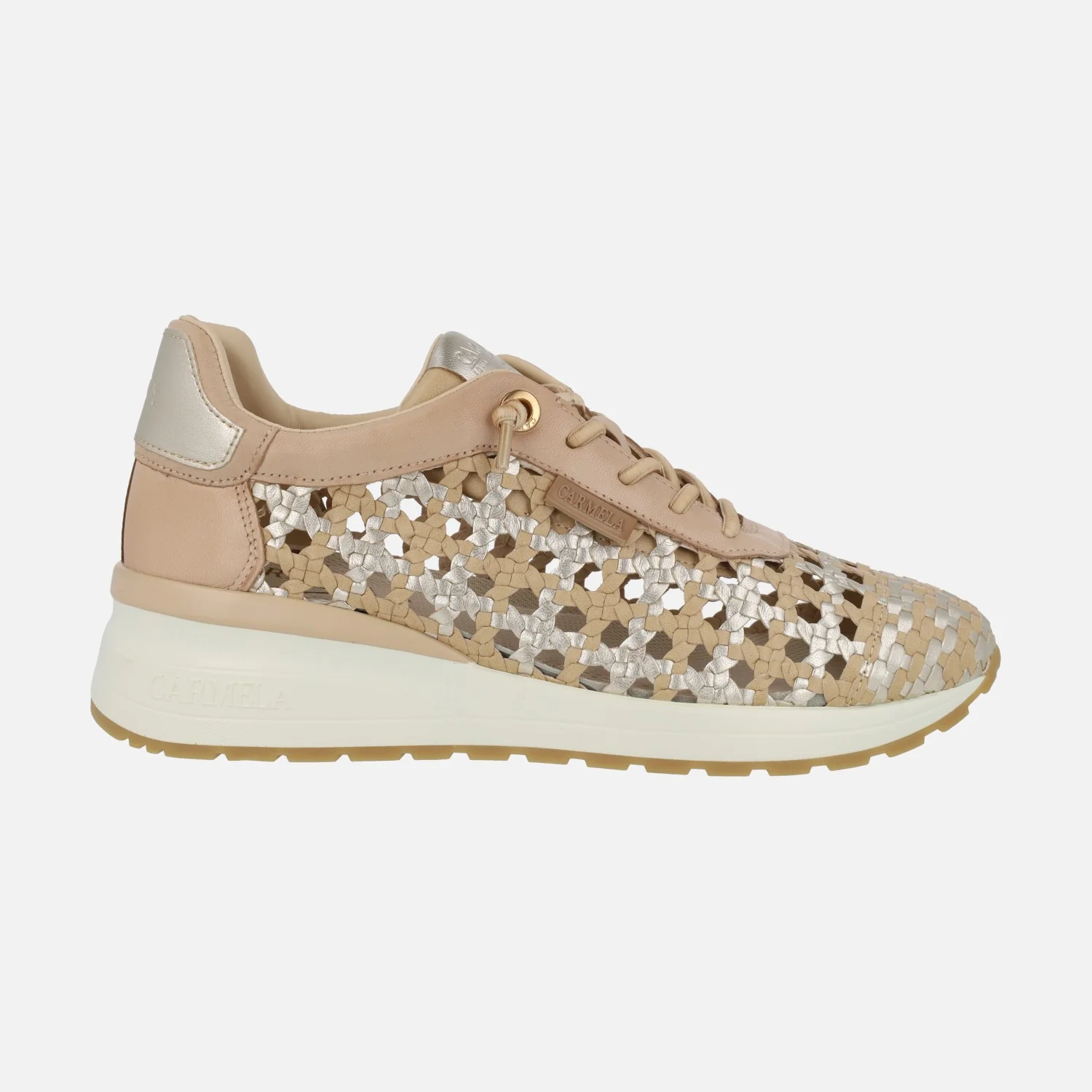 Deportivas trenzadas de piel en beige y oro con cordones elásticos