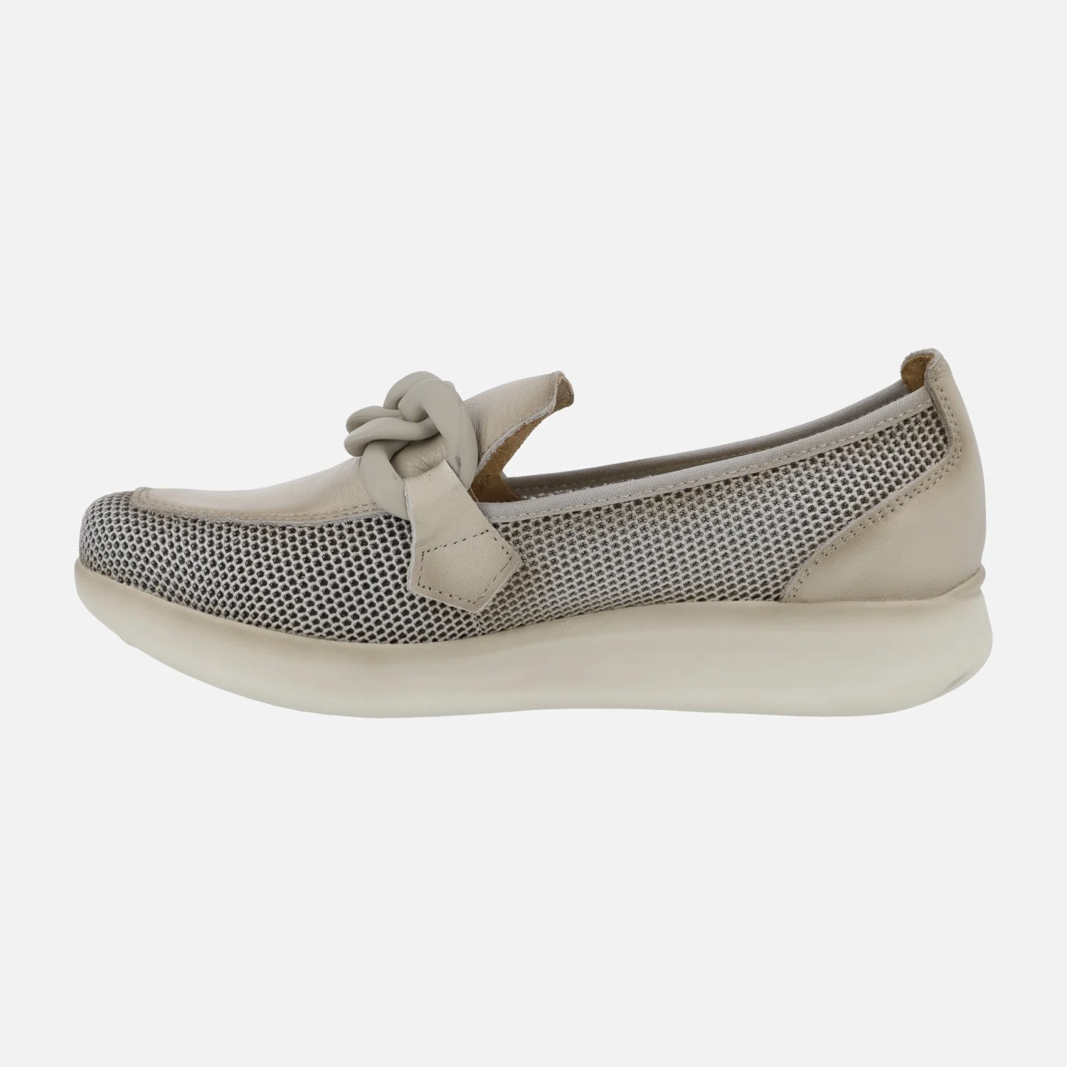 Mocasines combinados en piel y rejilla color taupe - Image 3