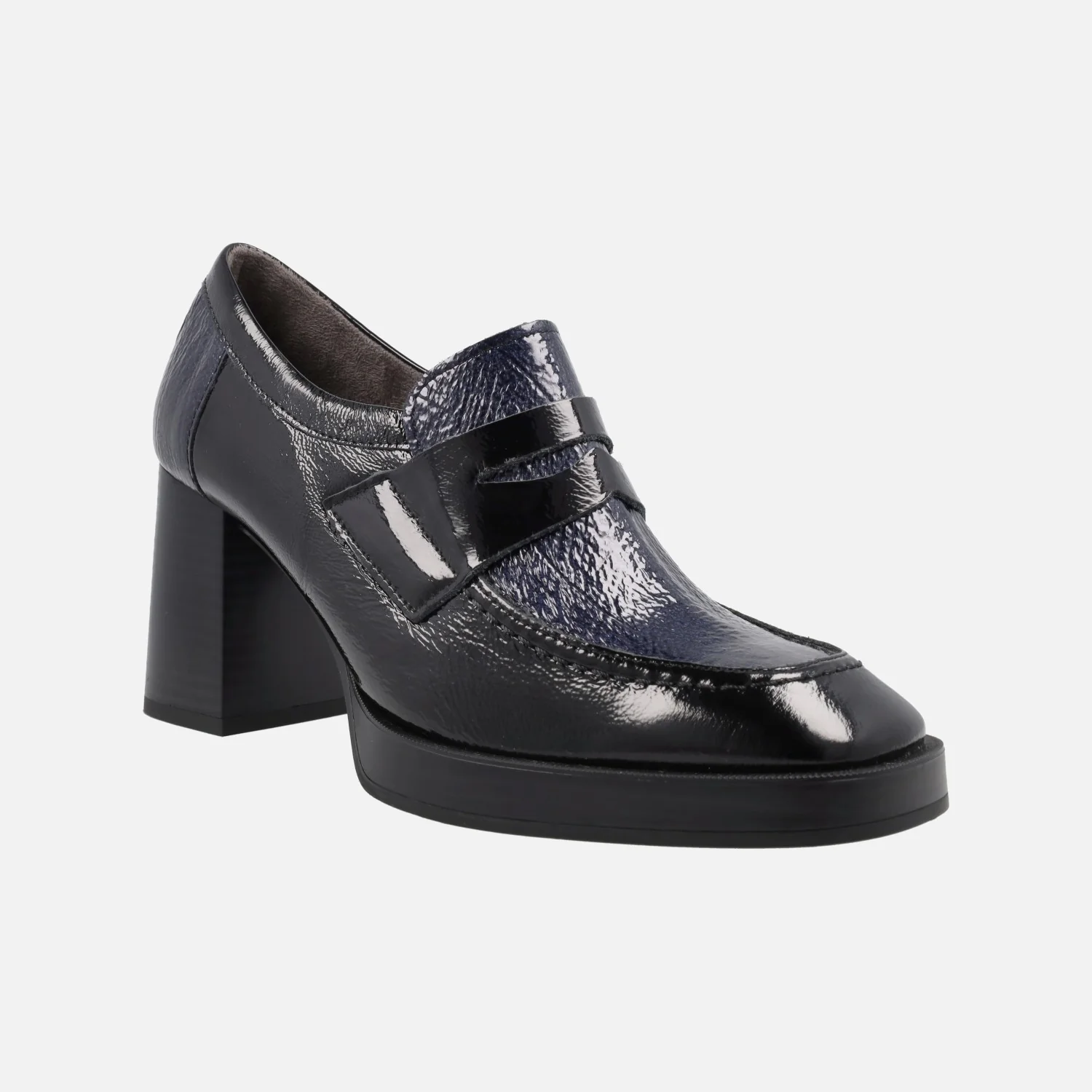 Mocasines de charol con tacón y plataforma en combinado negro - azul - Image 2