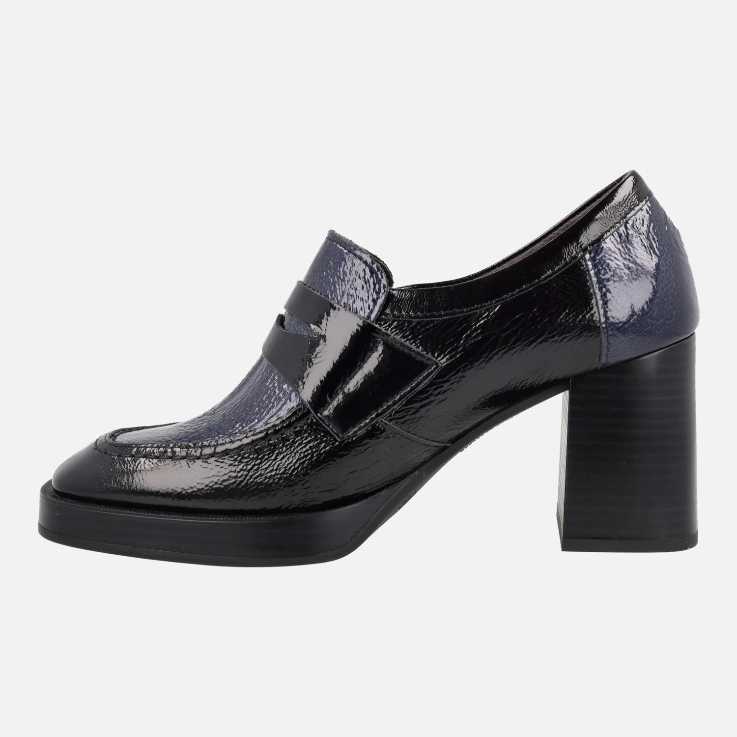 Mocasines de charol con tacón y plataforma en combinado negro - azul - Image 3