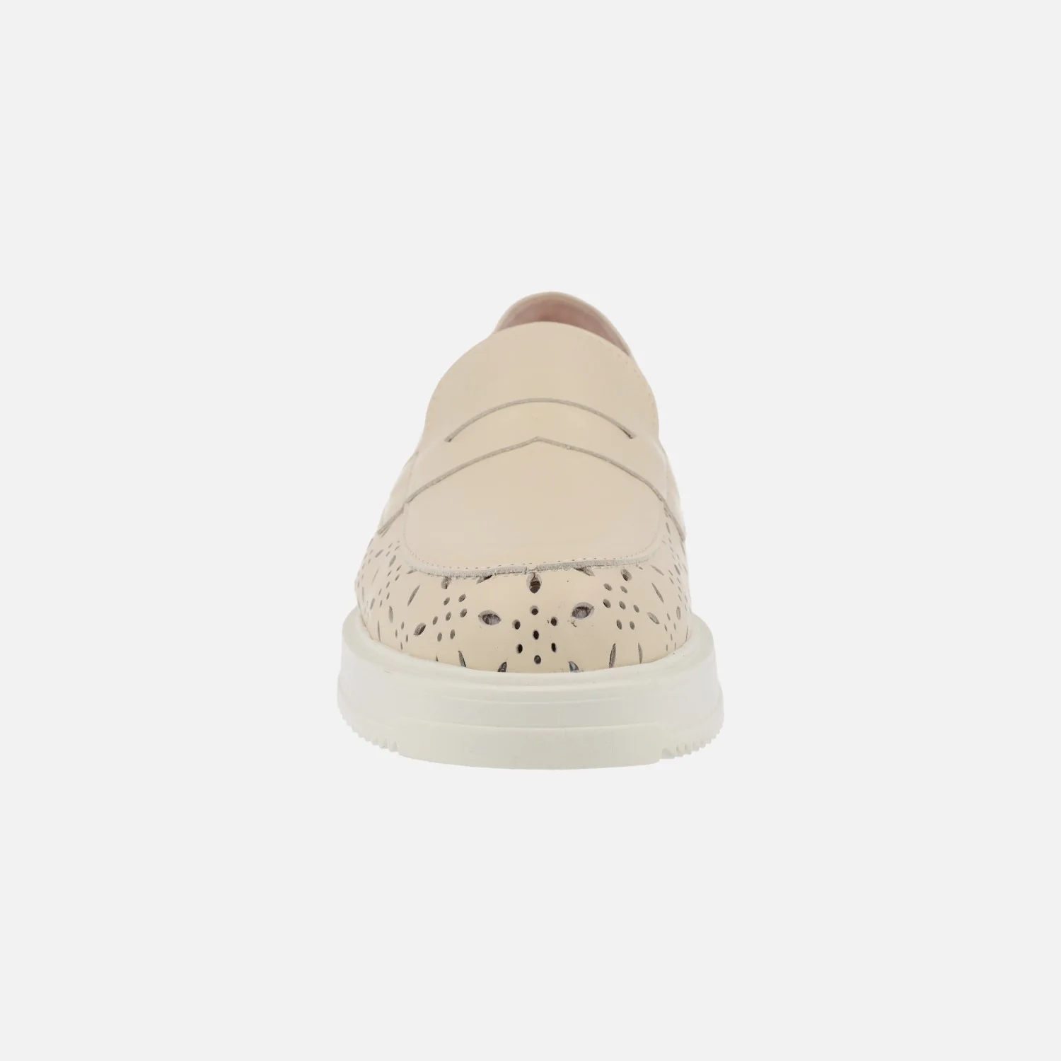 Mocasines de piel beige con dibujos troquelados y antifaz - Image 5