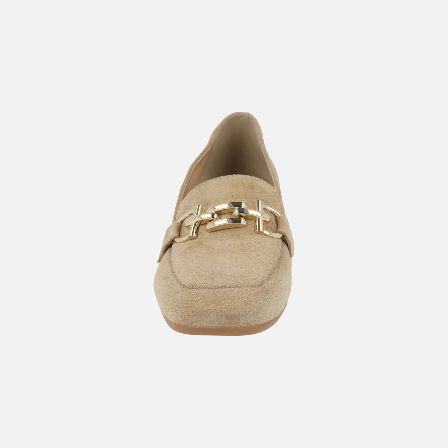 Mocasines de tacón en serraje camel con adorno dorado - Image 4