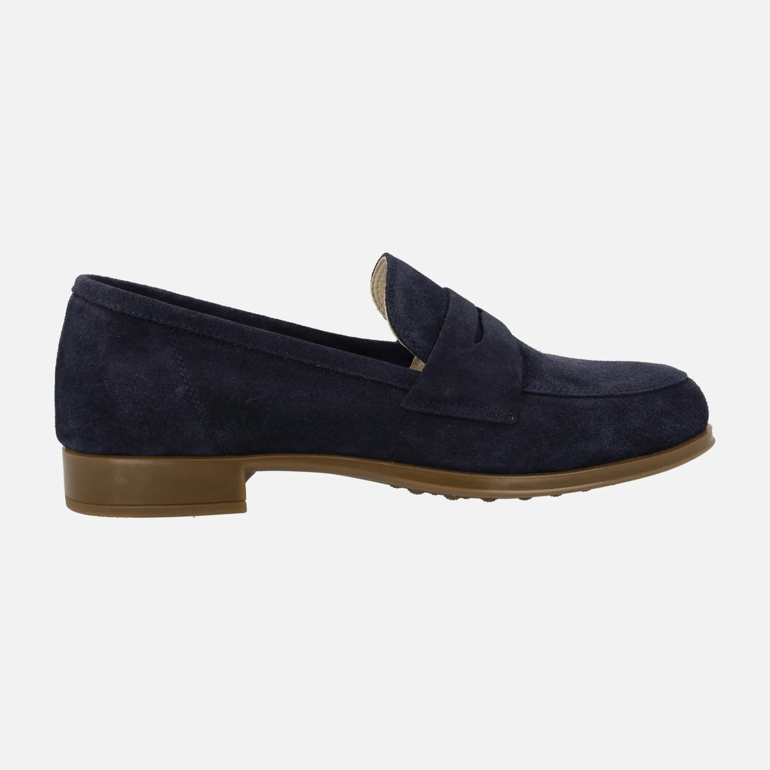 Mocasines en ante azul marino con adorno de antifaz y piso de goma