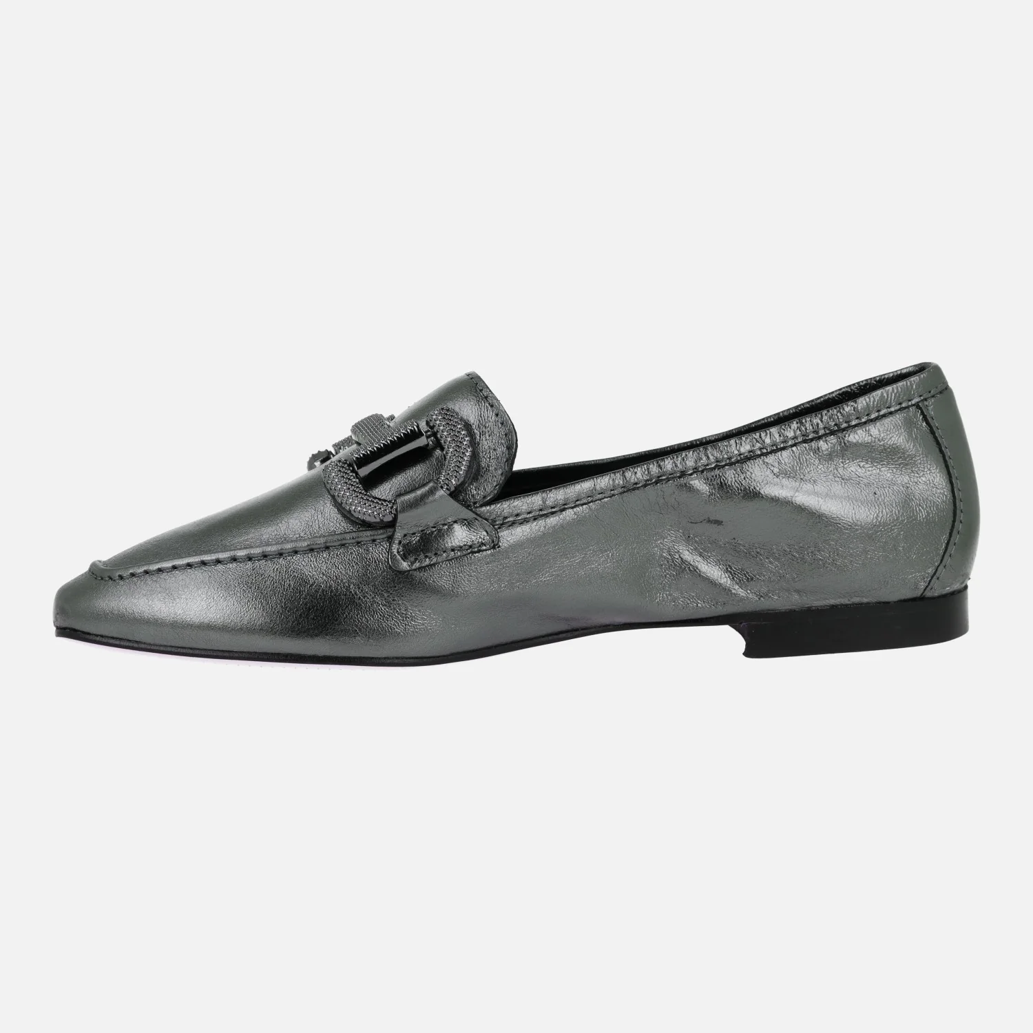 Mocasines en piel metalizada color acero con adorno - Image 3