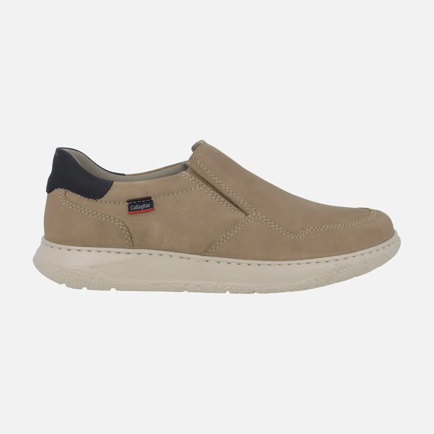 Mocasines en piel nobuck taupe con elásticos laterales y detalles en azul