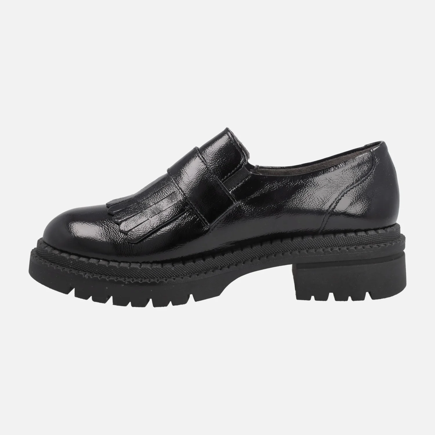 Mocasines negros de charol con adorno de hebilla y piso track - Image 3