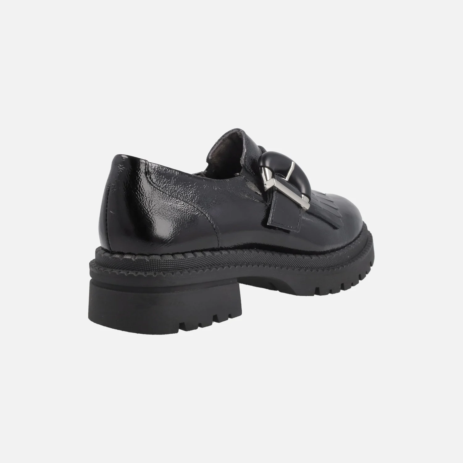 Mocasines negros de charol con adorno de hebilla y piso track - Image 4