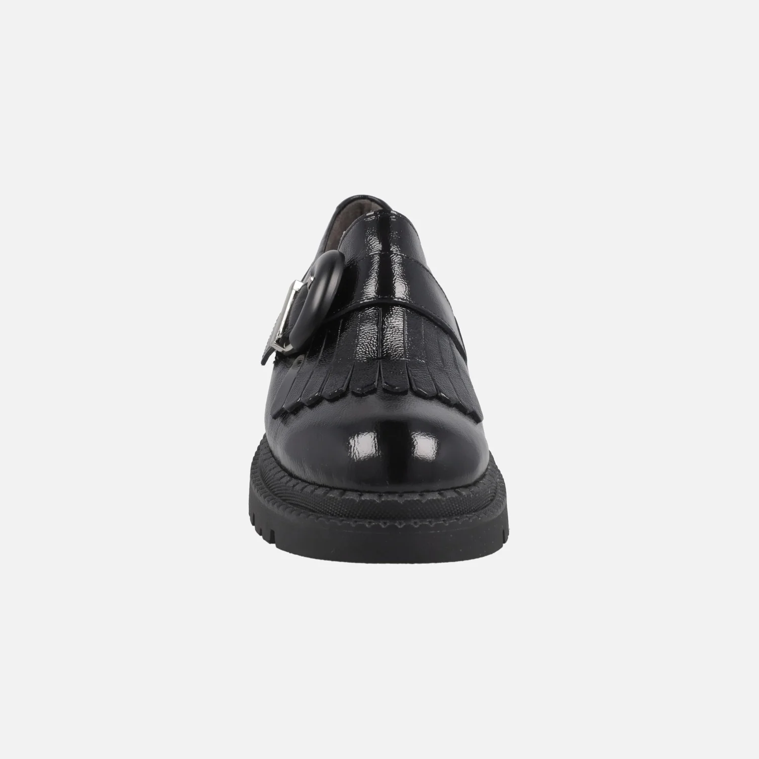 Mocasines negros de charol con adorno de hebilla y piso track - Image 5