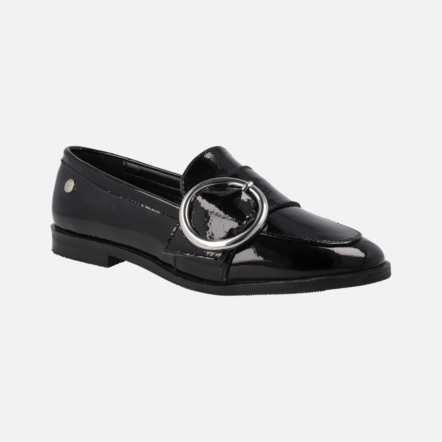 Mocasines negros de charol para mujer con hebilla circular - Image 2