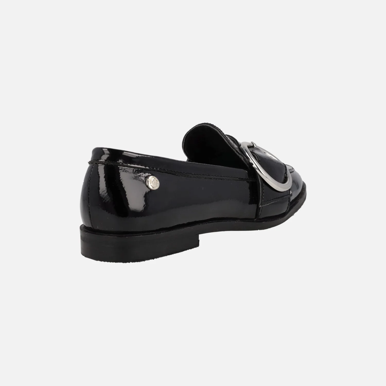 Mocasines negros de charol para mujer con hebilla circular - Image 4