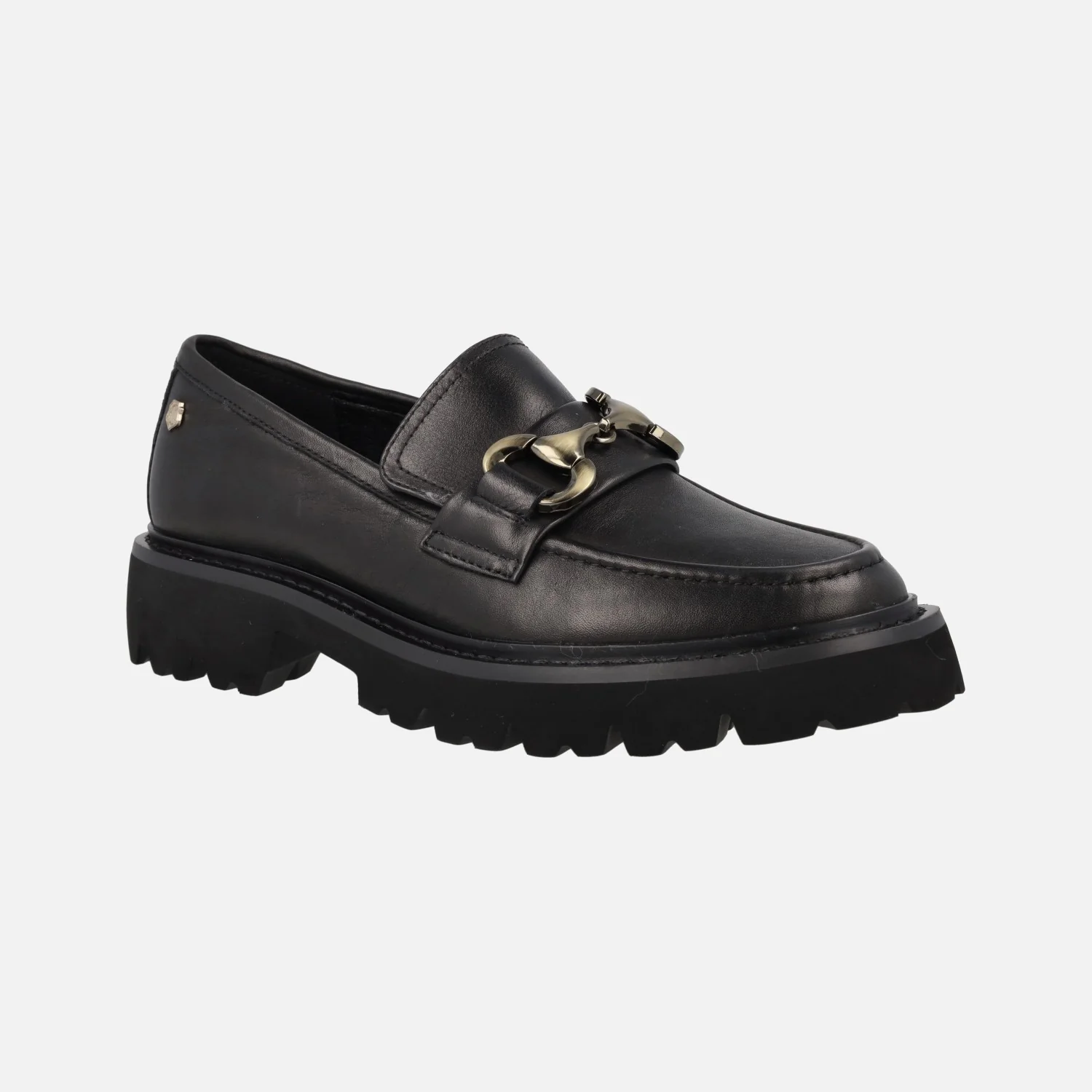 Mocasines negros de piel con adorno dorado y piso track Carmela - Image 2