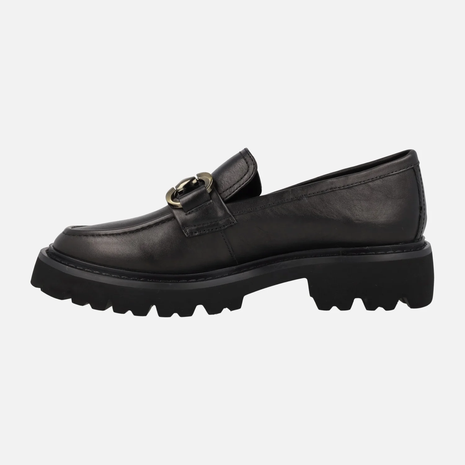 Mocasines negros de piel con adorno dorado y piso track Carmela - Image 4