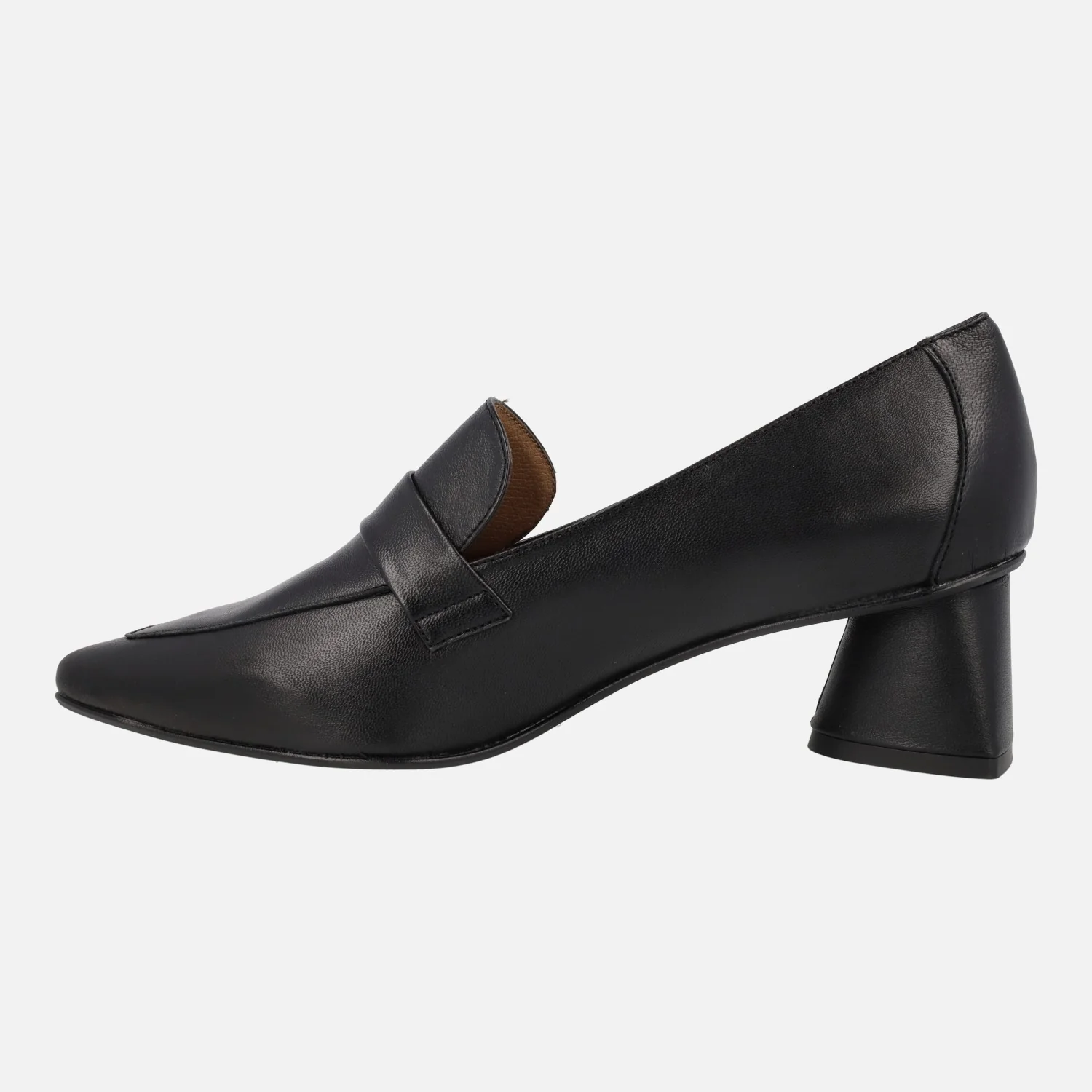 Mocasines negros de piel para mujer con tacones geométricos - Image 4