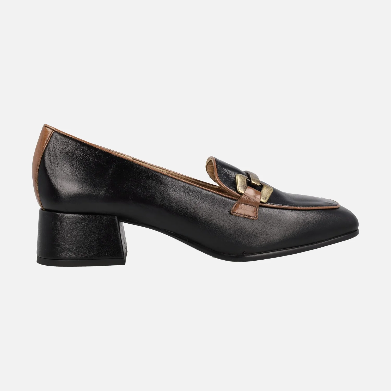Mocasines negros de piel Texas con adorno dorado y vivo marrón