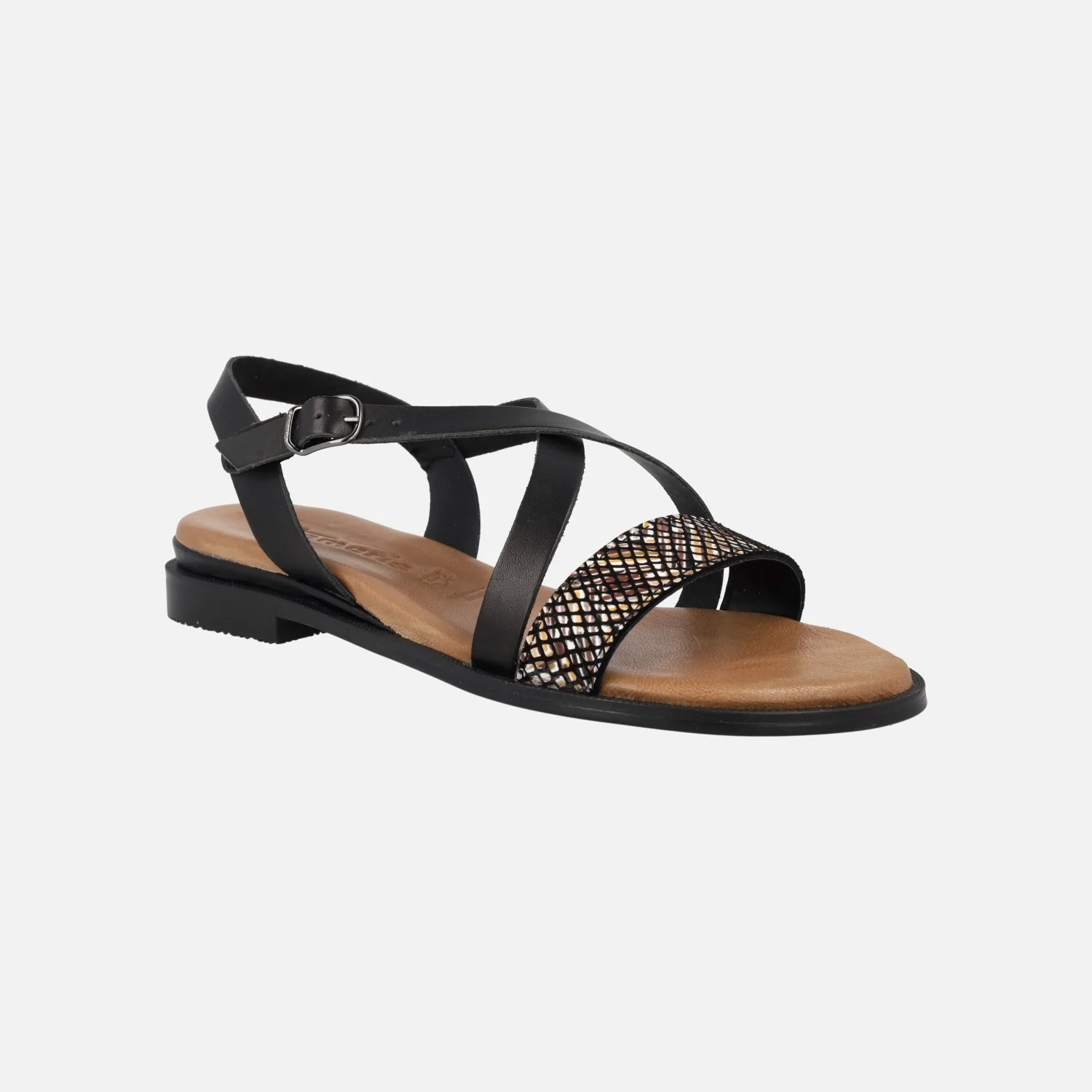 Sandalias planas en piel negra con tira delantera grabada - Image 2