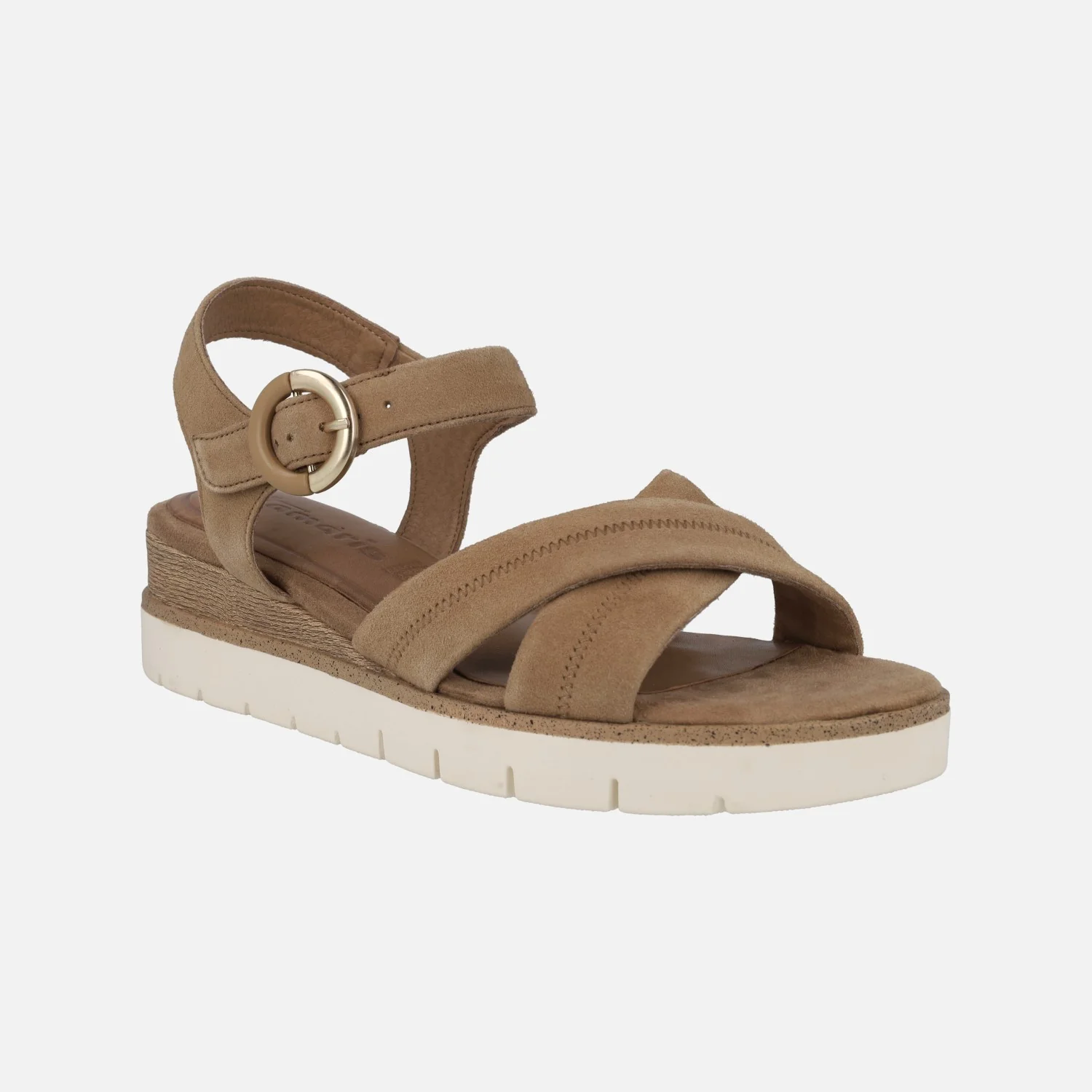 Sandalias en serraje camel con tiras cruzadas y hebilla al tobillo - Image 2