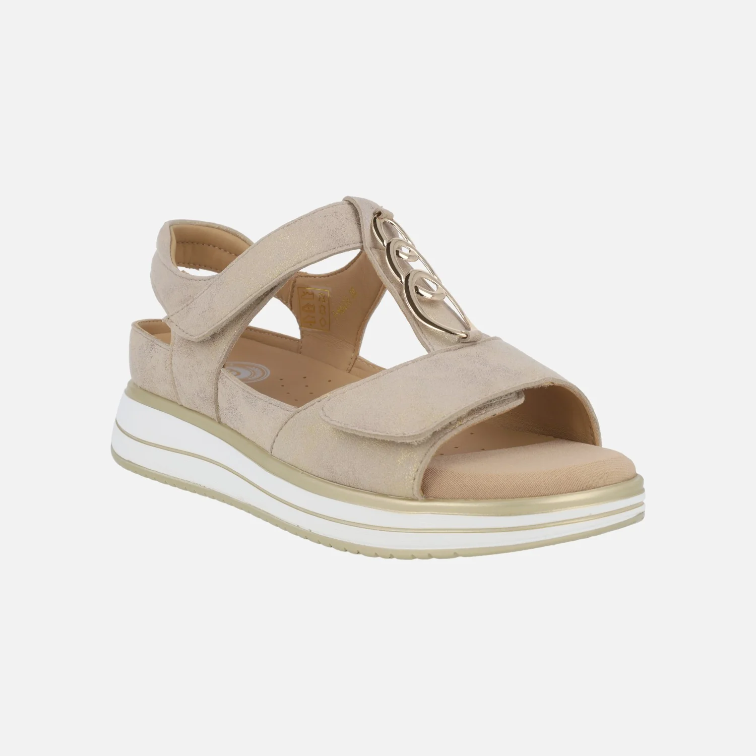 Sandalias Ancho especial para mujer en beige metalizado con cierre de velcros - Image 2