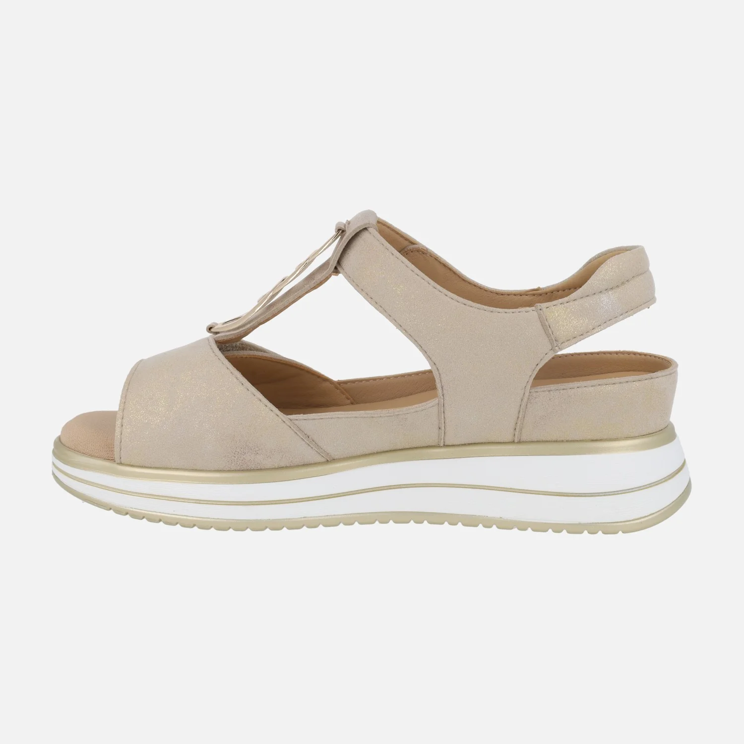 Sandalias Ancho especial para mujer en beige metalizado con cierre de velcros - Image 3