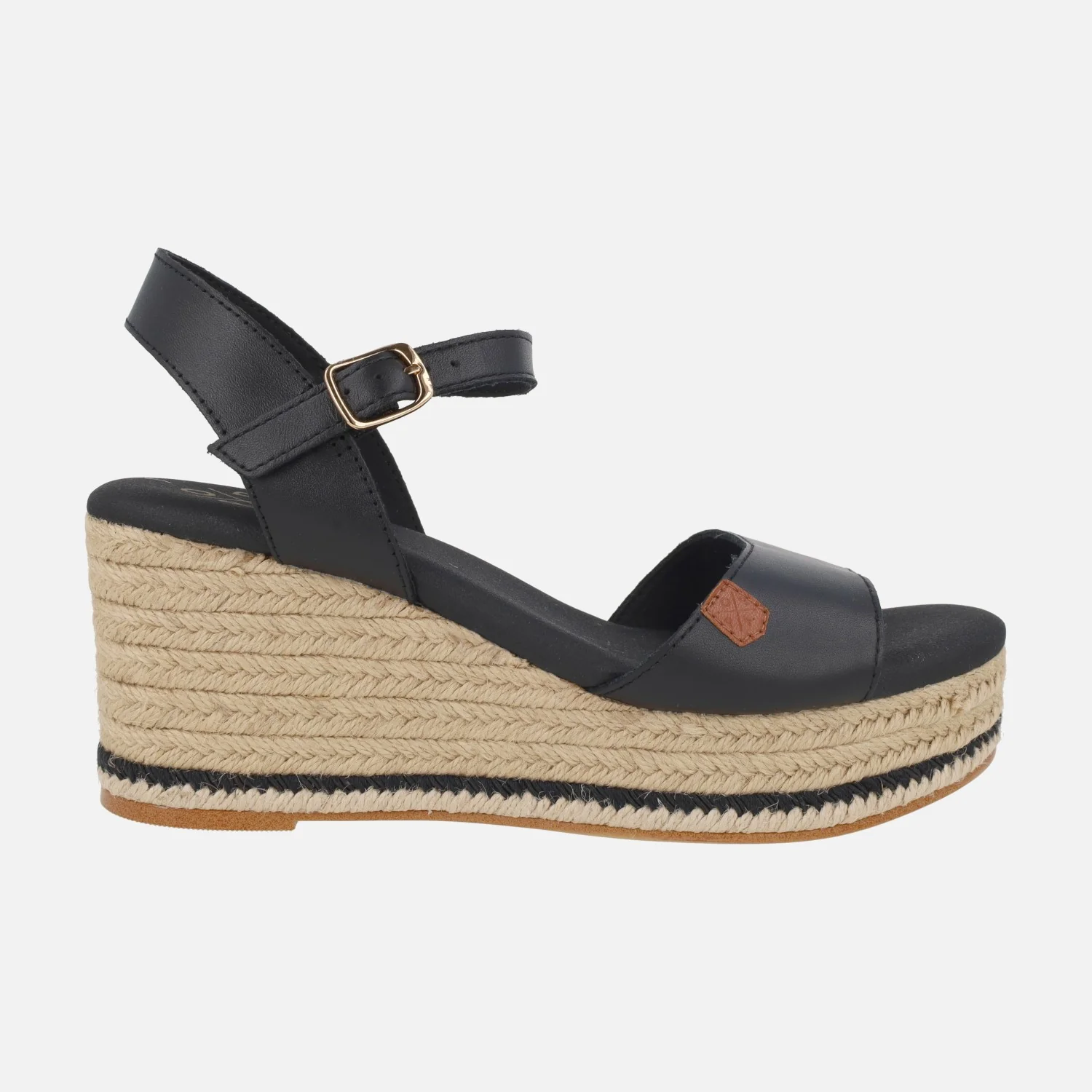 Sandalias Arenal en piel negra con cuña de yute