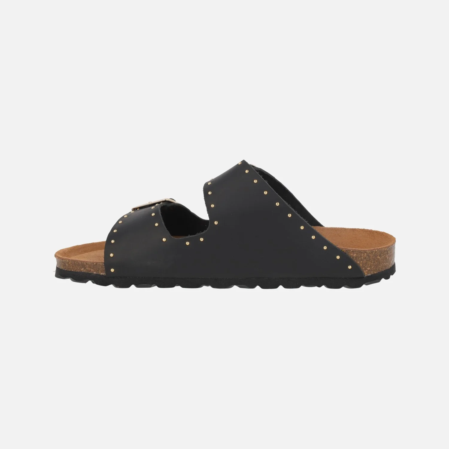 Sandalias bio en piel negra con tachas doradas y hebillas - Image 3