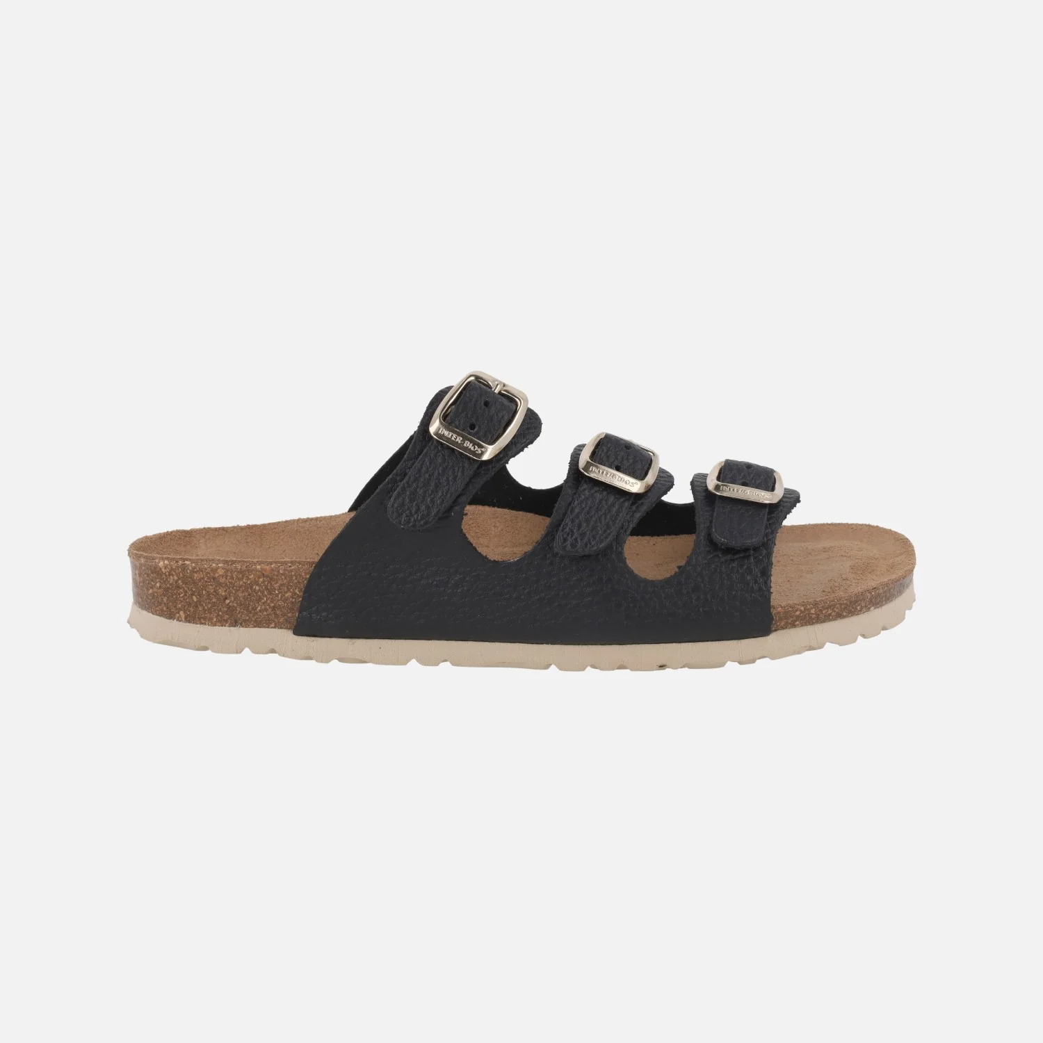 Sandalias bios en piel negra con 3 hebillas