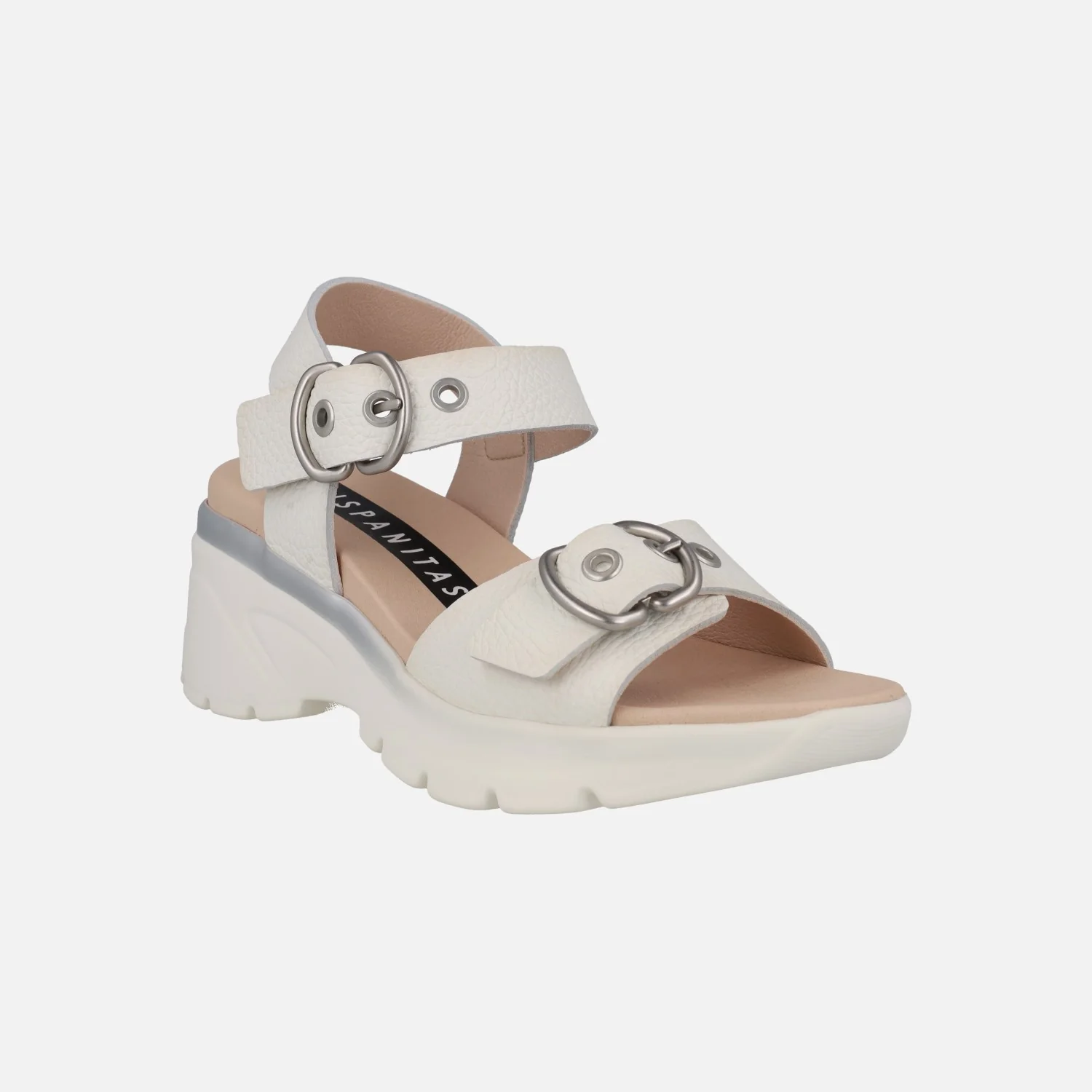 Sandalias blancas de piel con detalle de hebillas y cuña media - Image 2