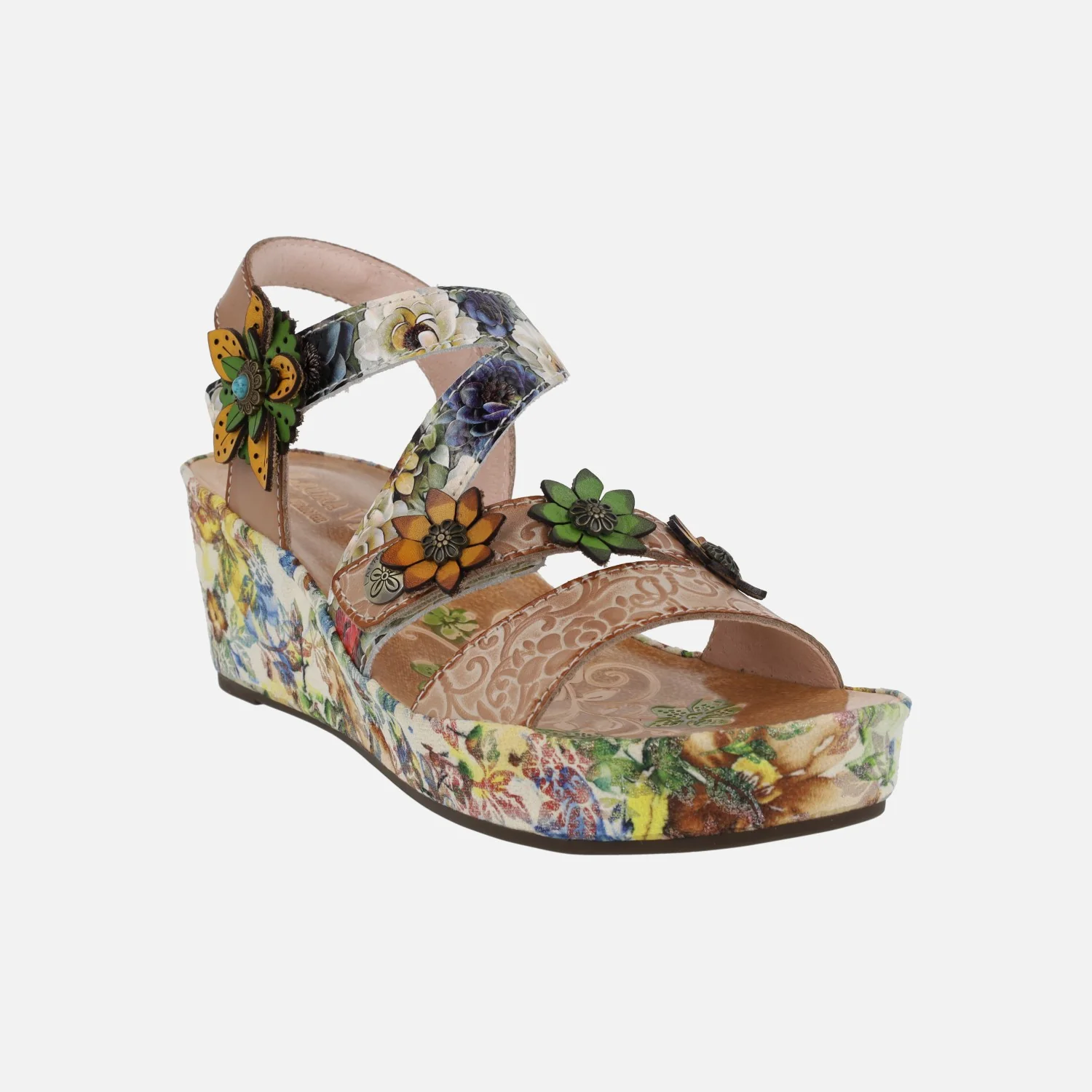 Sandalias combinadas con cuña de flores Facdiao 11 beige - Image 2