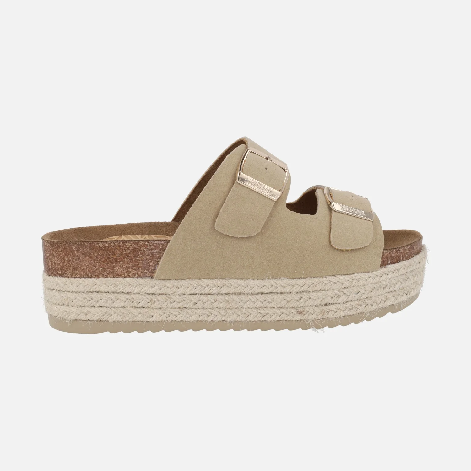 Sandalias con doble hebilla dorada y plataforma combinada con yute