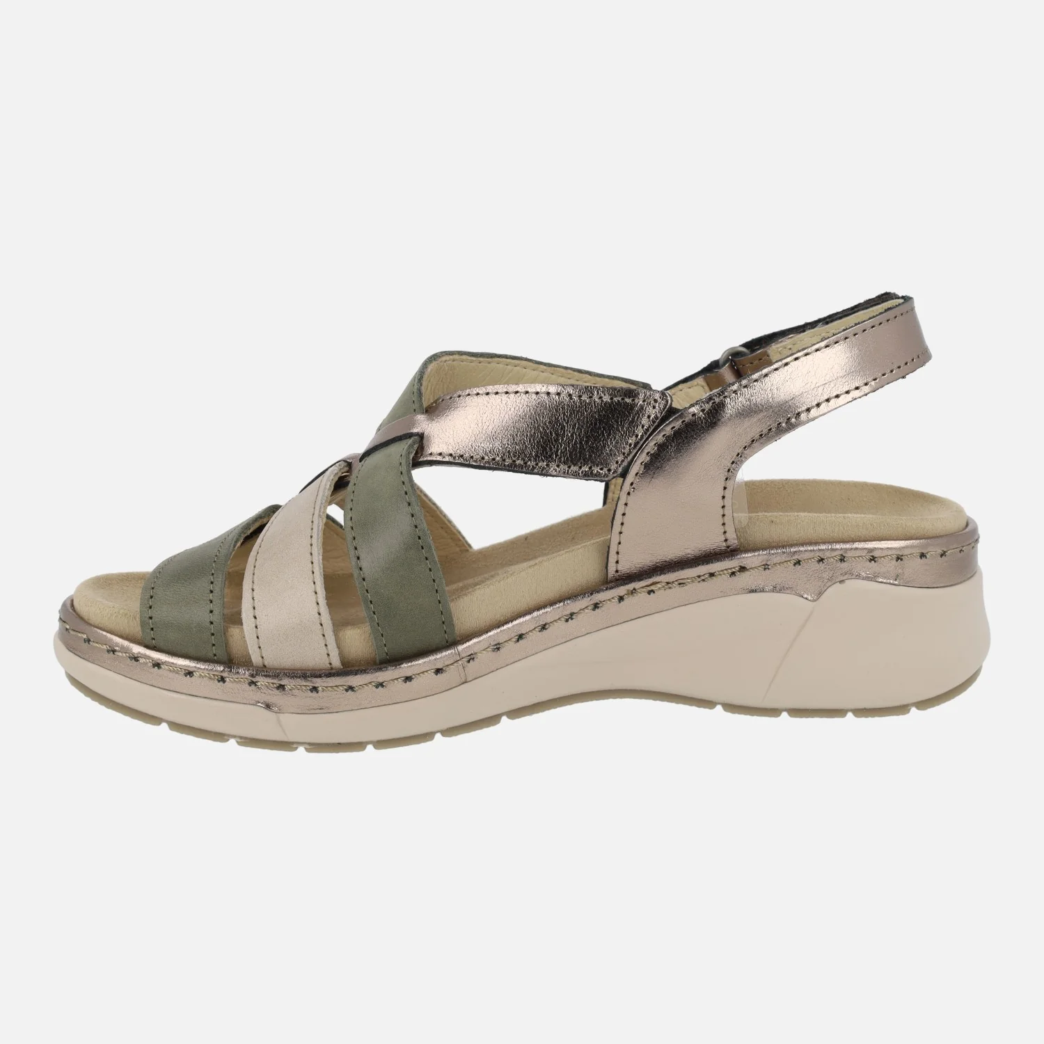 Sandalias confort combinadas en beige y verde con cierre de velcro - Image 3