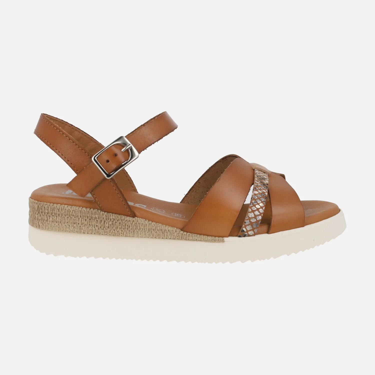 Sandalias de cuña baja en color cuero con tira metalizada print serpiente